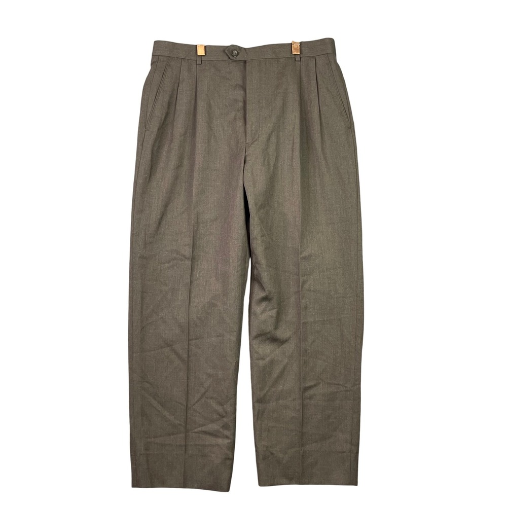 Wool Pleated Dress Pants Mens 36X29 Brown Trousers Regular Fit Business Corpcore